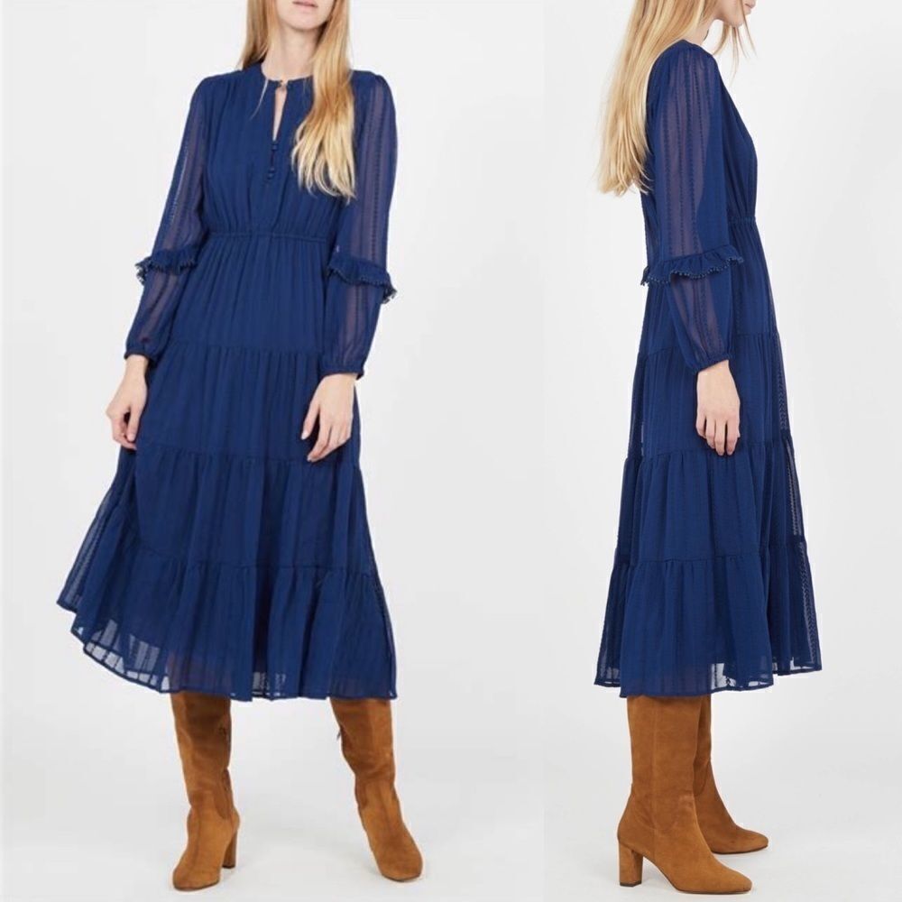 SUNCOO Paris Robe Corinne Midi Dress Royal Blue Embroidered Buttons Size T3 L